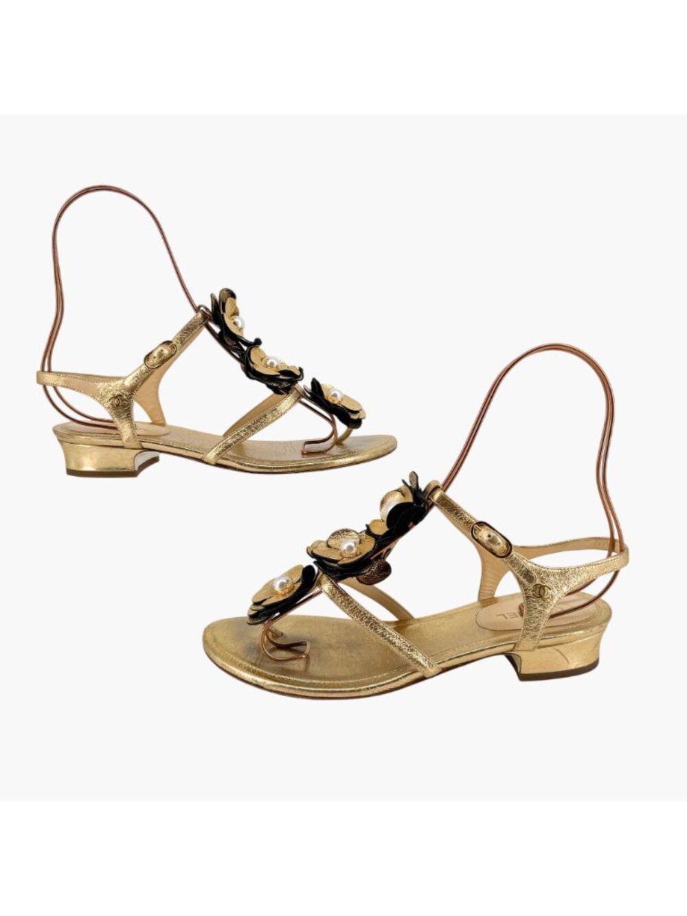 Chanel Camellia Pearl T-Strap Sandals Gold Leather Size 37C US 6–6.5 Women Flat - Picture 8 of 15